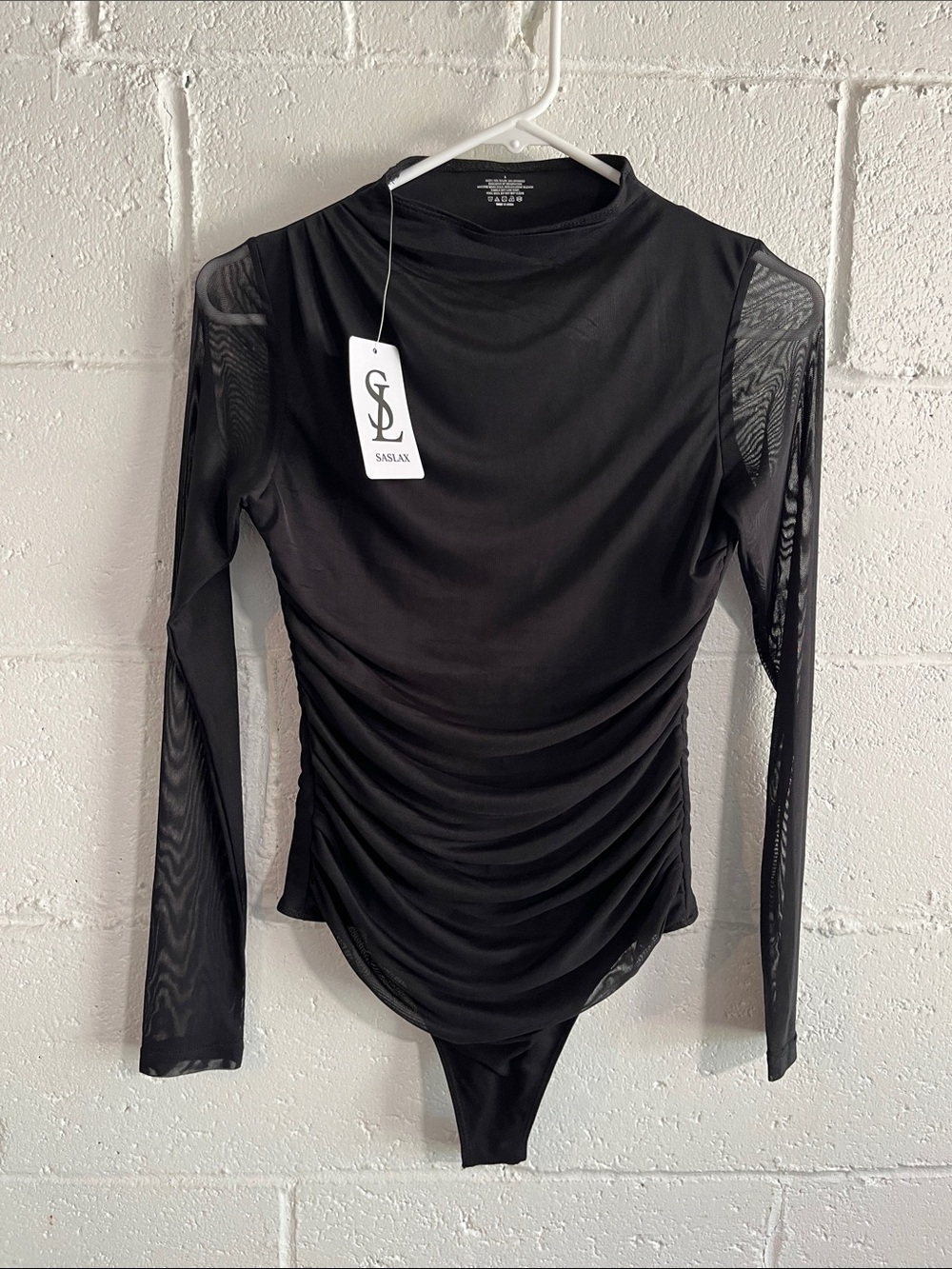 Saslax Ruched Mesh-Sleeve Long-Sleeve Bodysuit- Small